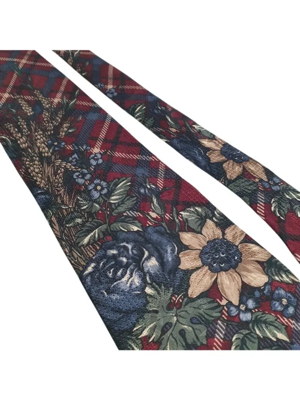 J T Beckett Mens Necktie Red Plaid Floral Motif Polyester Blend Vintage 58 x 3.5